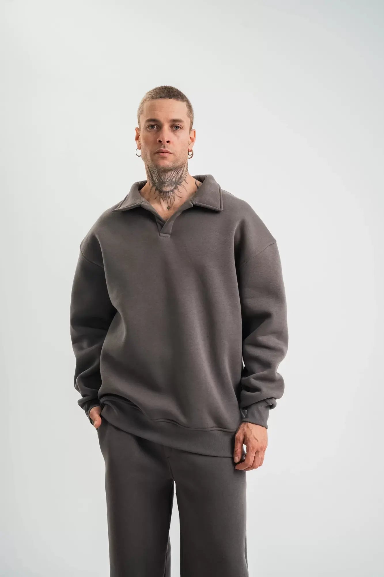 Unisex Double Oversize Patlı Yaka SweatShirt - Füme