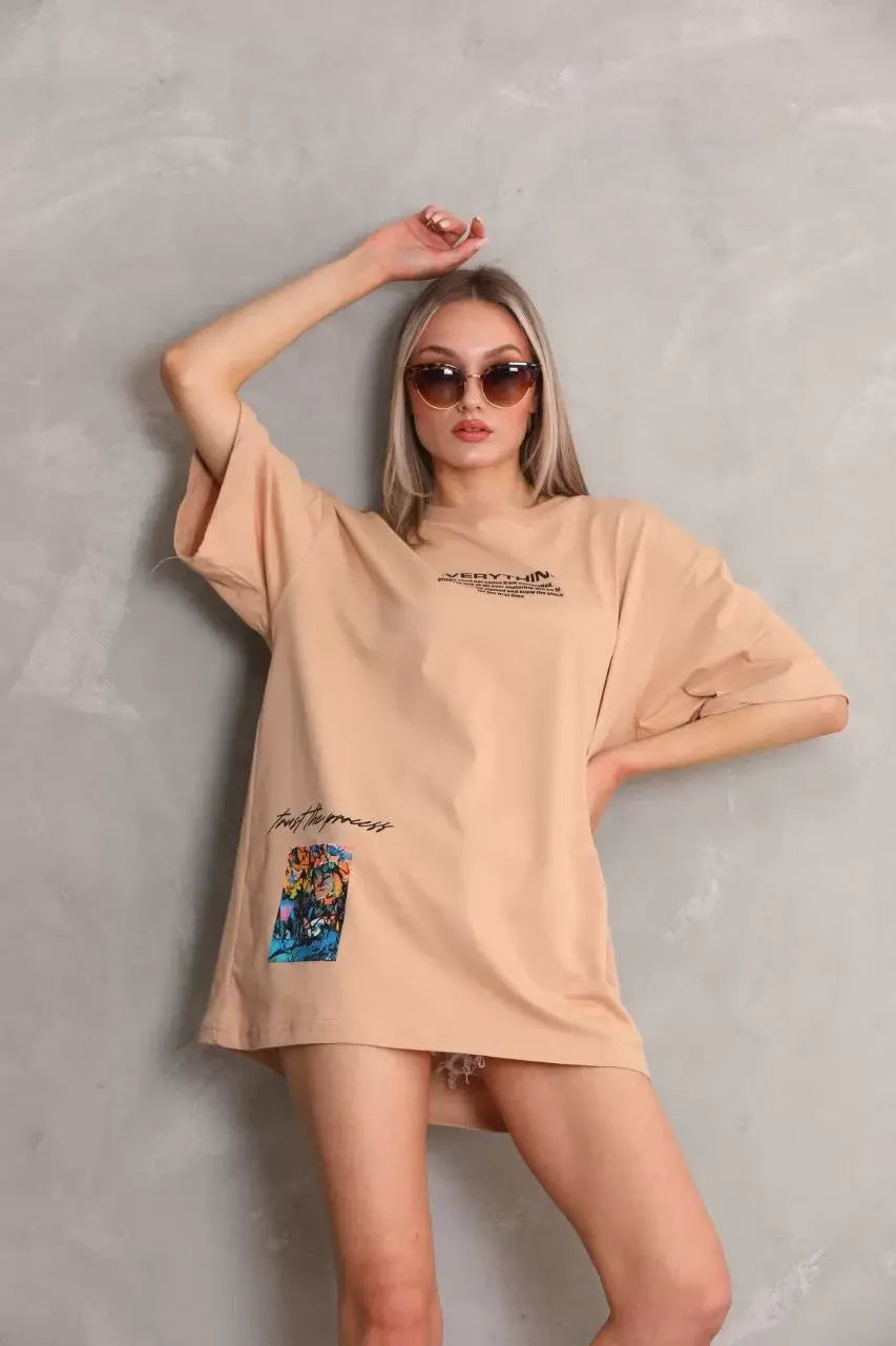 Unisex Bisiklet Yaka Baskılı Oversize T-Shirt - Bej