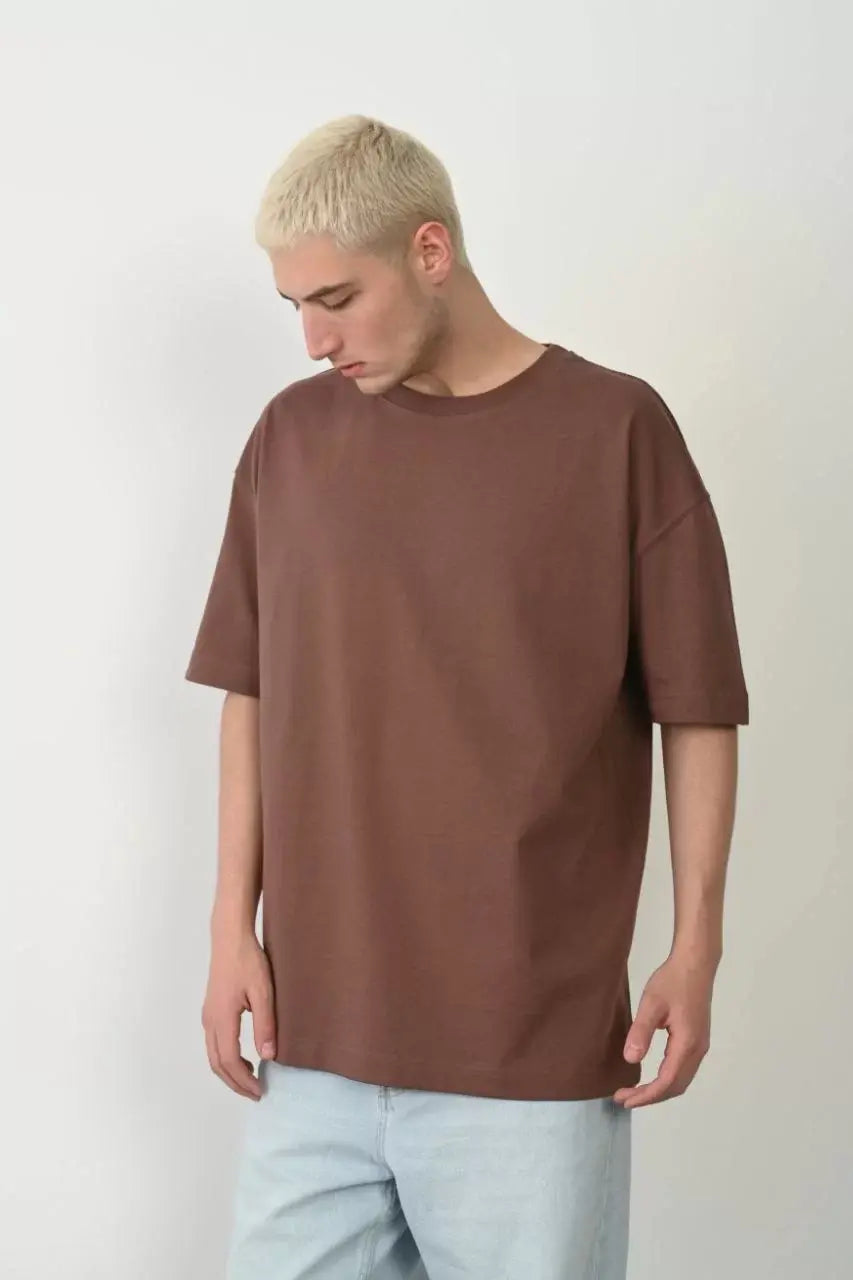 Unisex Basic Bisiklet Yaka Oversize T-Shirt - Mürdüm