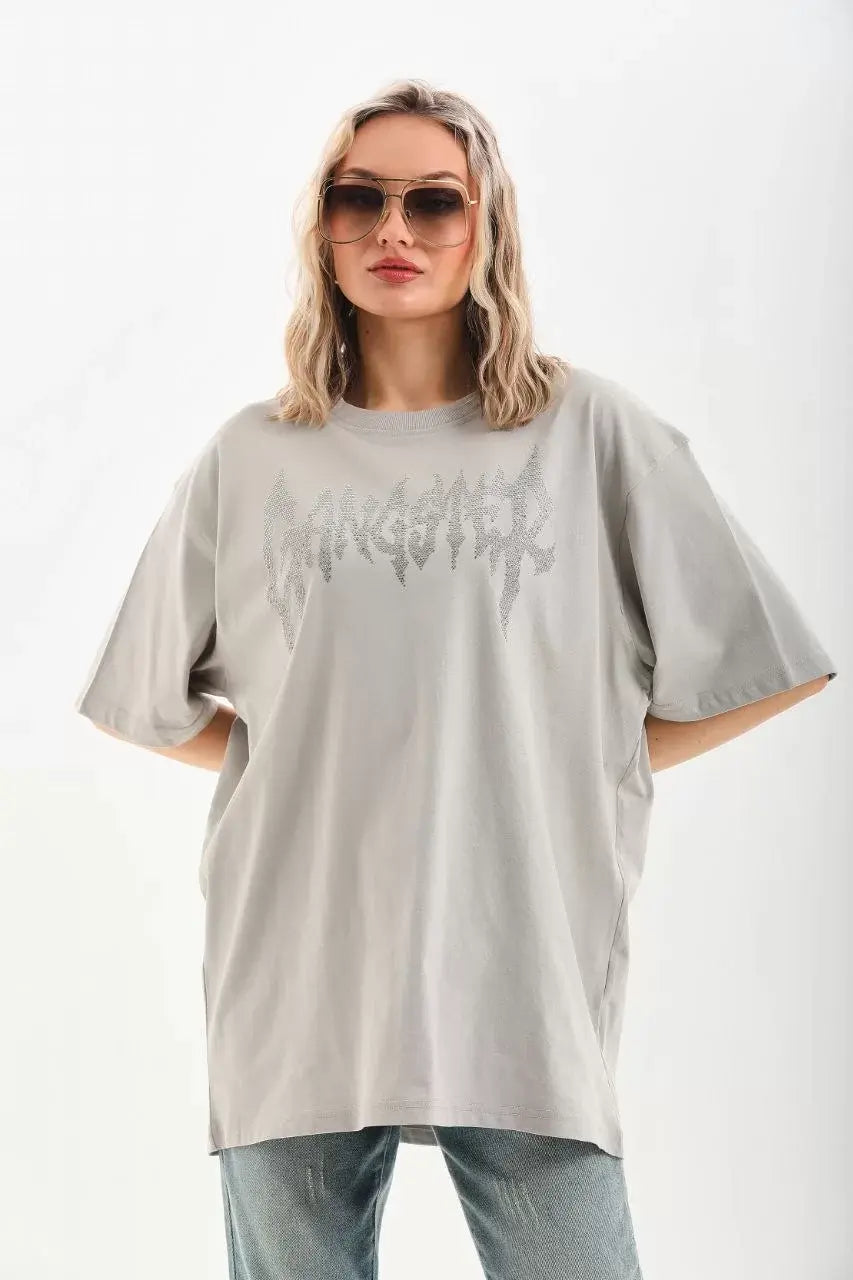 Unisex Taş Desenli Oversize T-Shirt - Gri