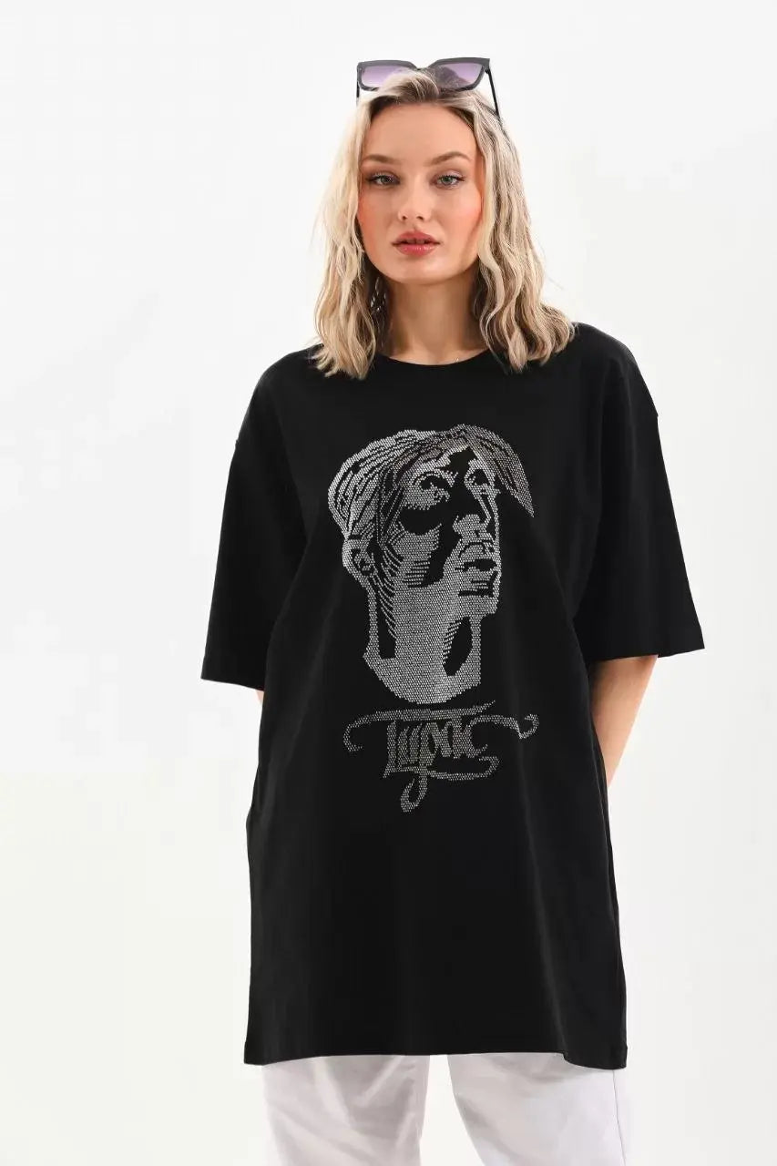 Unisex Taş Desenli Oversize T-Shirt - Siyah