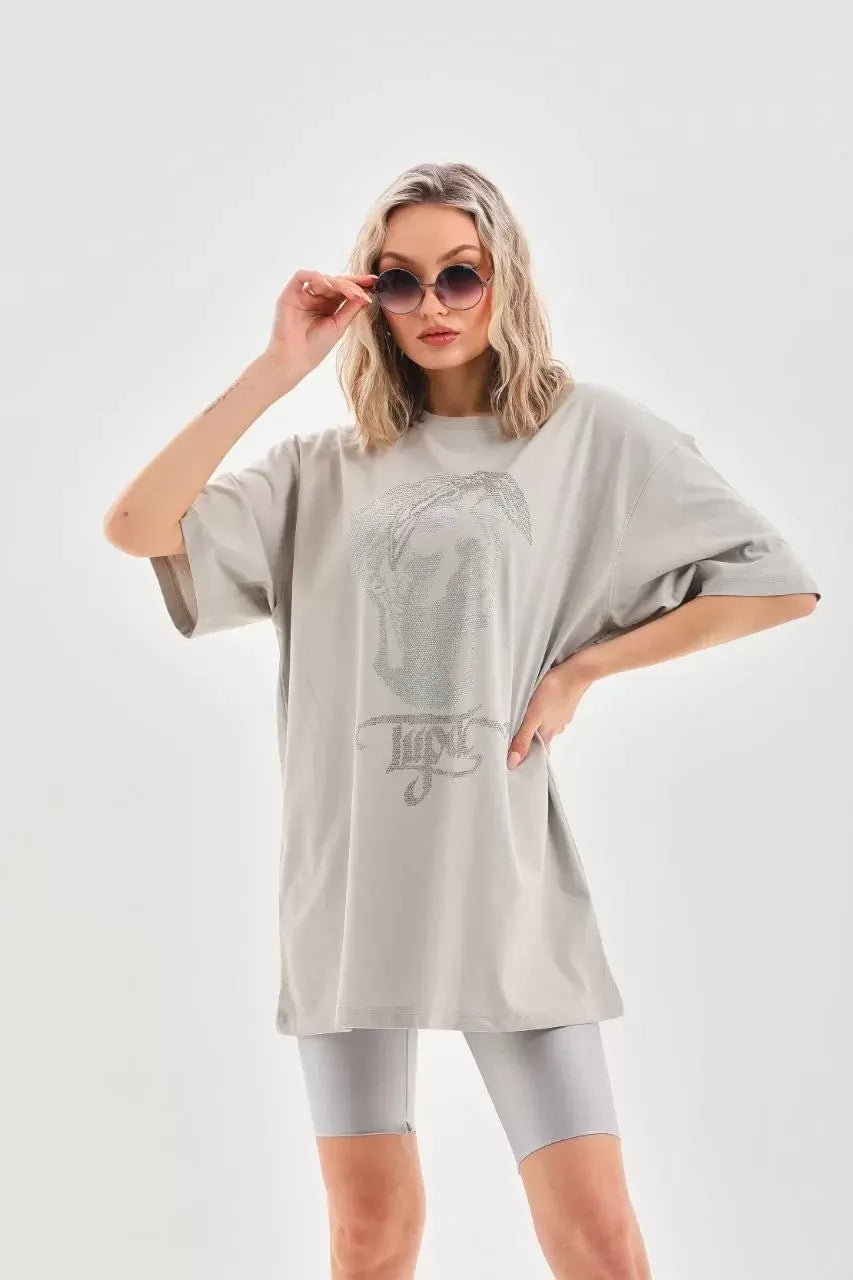 Unisex Taş Desenli Oversize T-Shirt - Gri