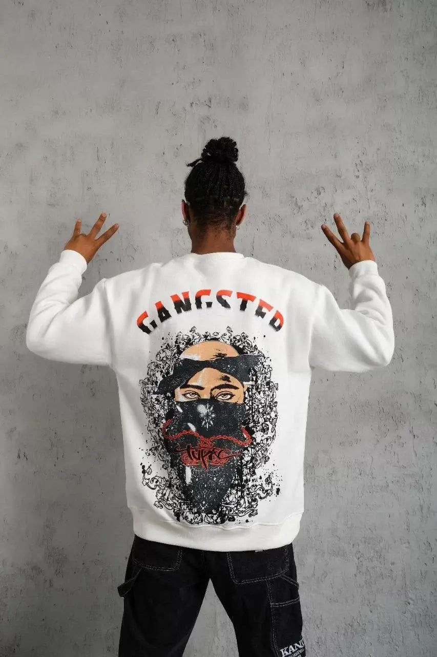 Erkek 3 İplik Gangster Baskılı Sweatshirt - Beyaz