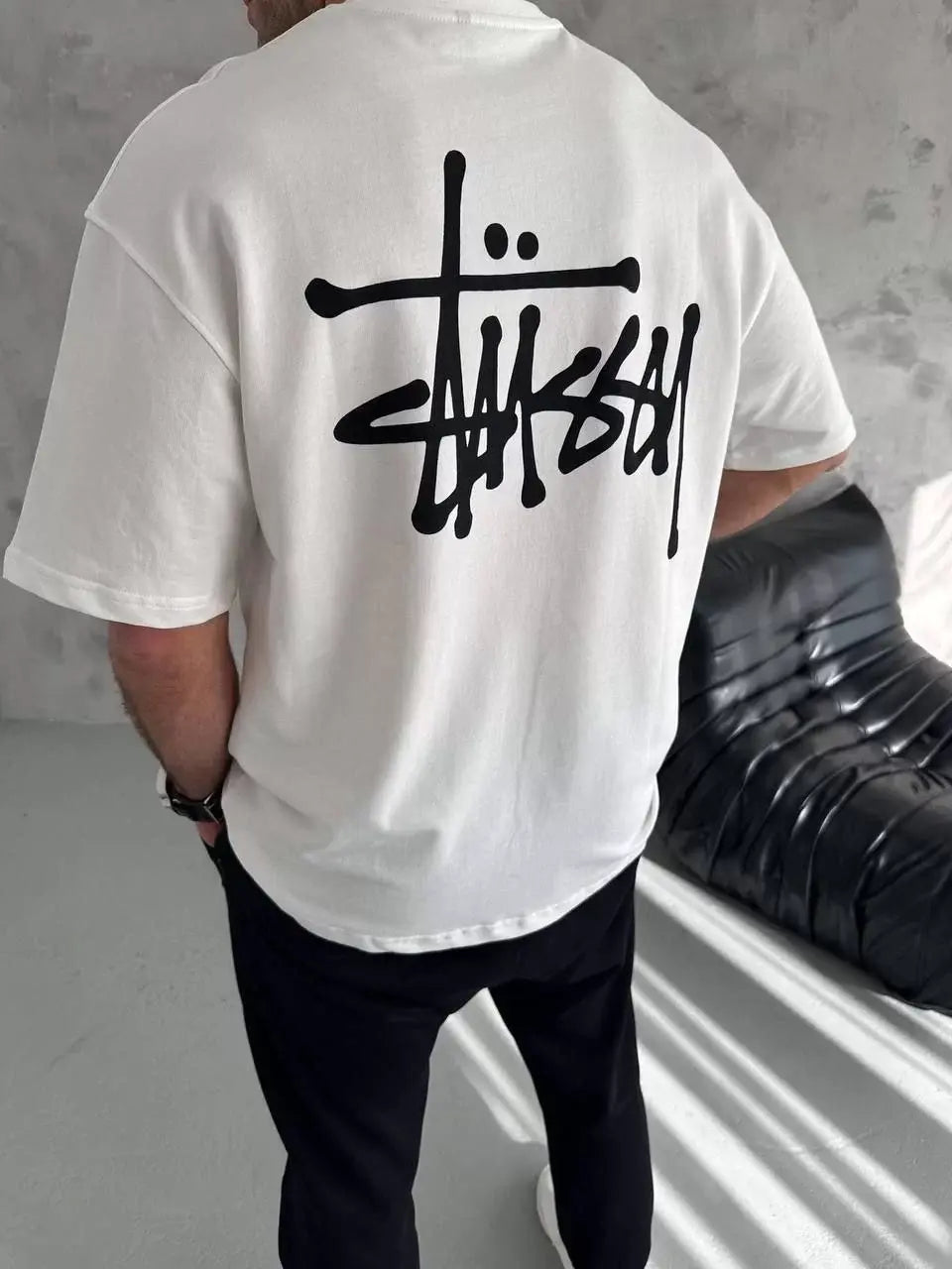 Unisex Bisiklet Yaka Baskılı Oversize T-Shirt - Beyaz