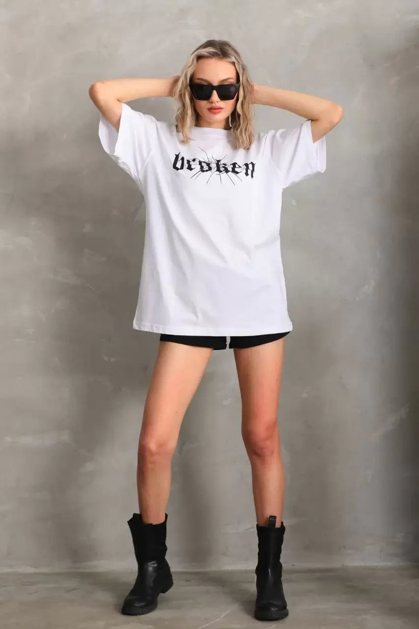 Unisex Baskılı Oversize T-Shirt - Beyaz