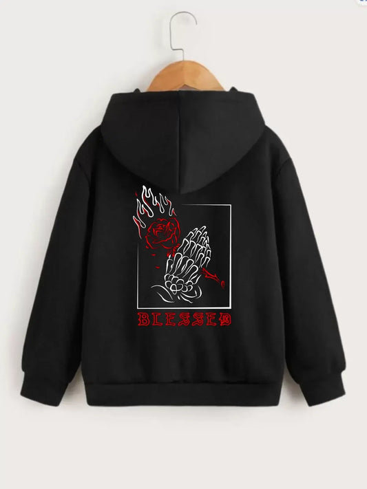 Çocuk Unisex Kapüşonlu Ön ve Arka Blessed Baskılı Sweatshirt - Siyah