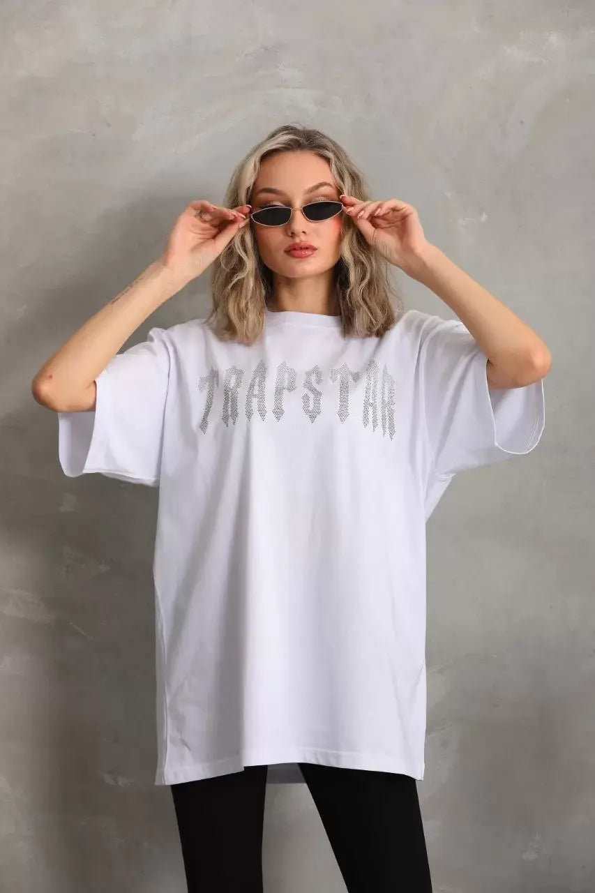 Unisex Taş Desenli Oversize T-Shirt - Beyaz