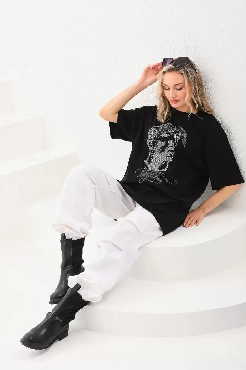 Unisex Taş Desenli Oversize T-Shirt - Siyah