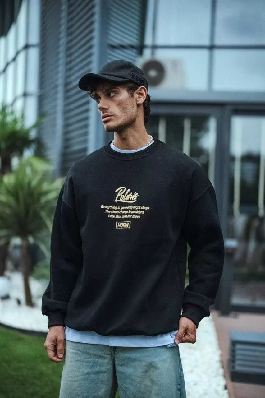 Kışlık Bisiklet Yaka Ön Ve Arka Baskılı SweatShirt - Siyah