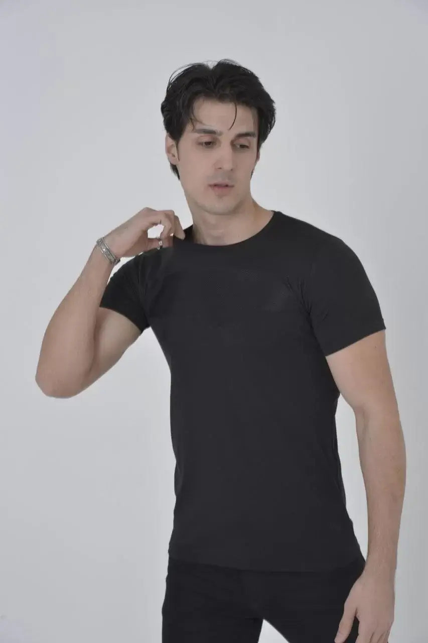 Erkek Gögüs Fileli Slim fit T-shirt - Siyah