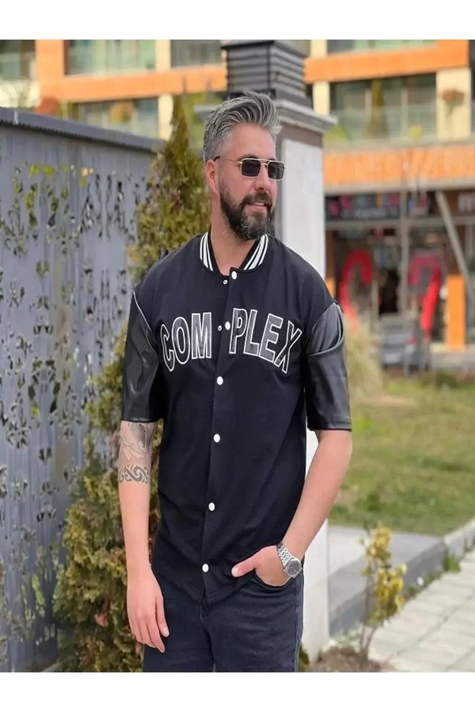 Erkek Complex Kolları Deri Kolej Oversize T-shirt - Siyah